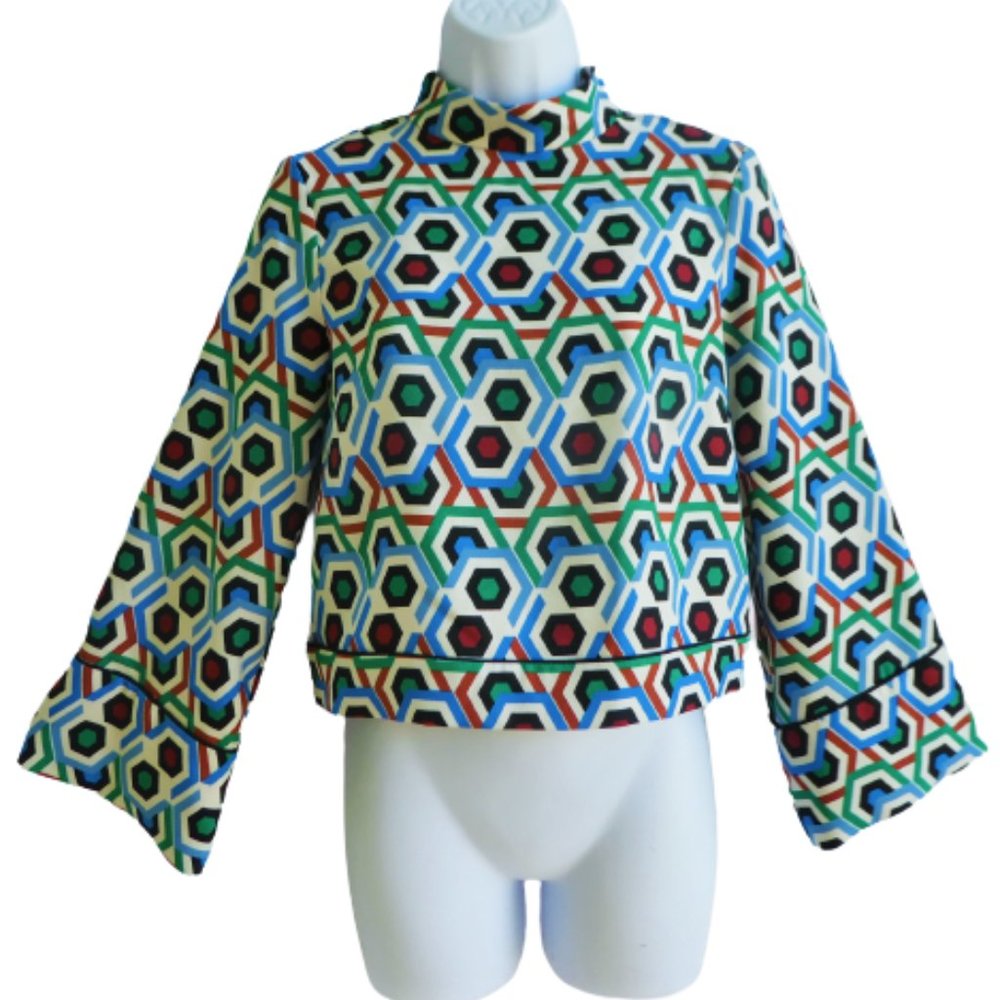 Zara Boho Top Geo Hexagon Print Mock Neck Bell Sleeve Keyhole Back Button Piping
